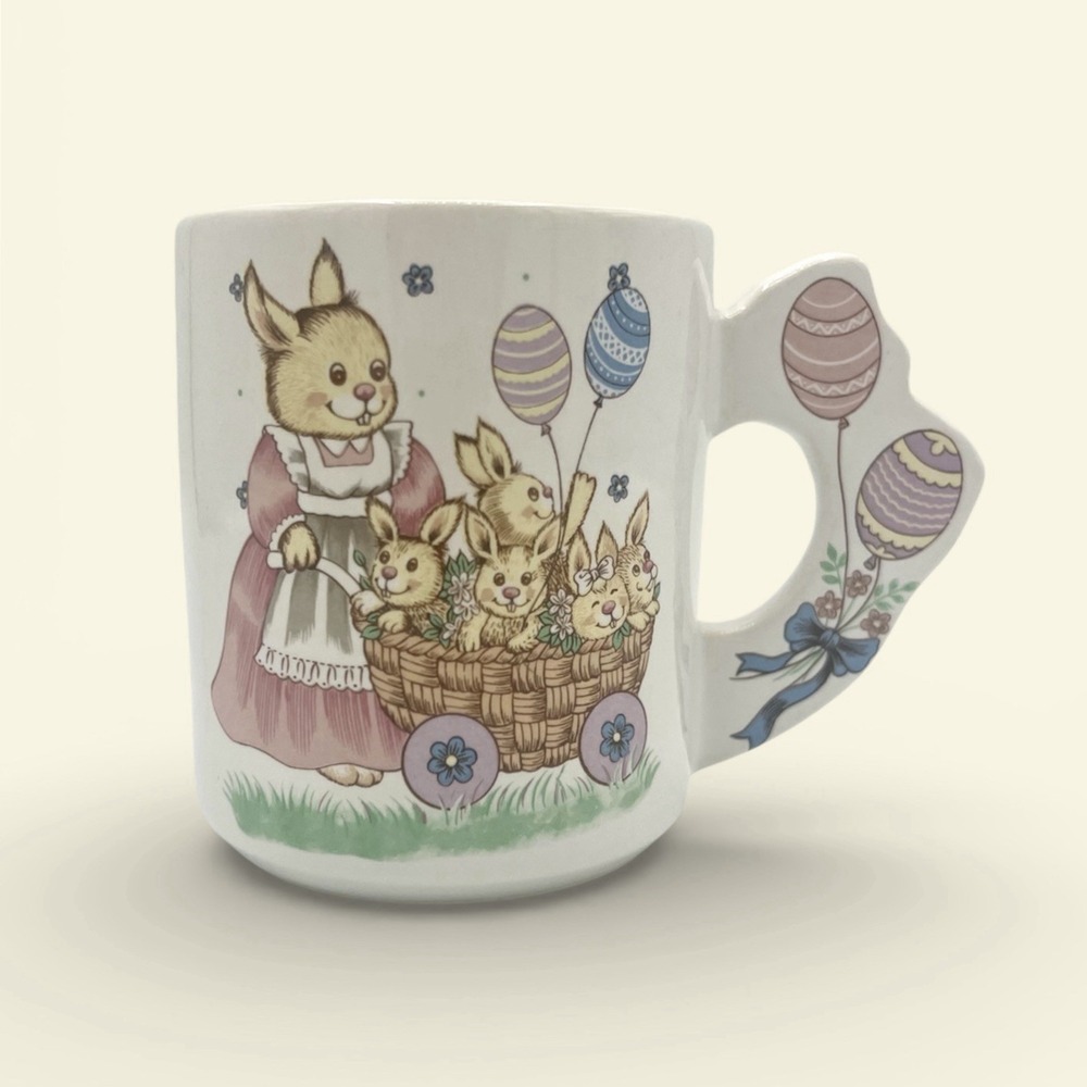 Vintage Cute Easter Bunny Coffee Mug Grannycore Cottagecore Baby Bunnies